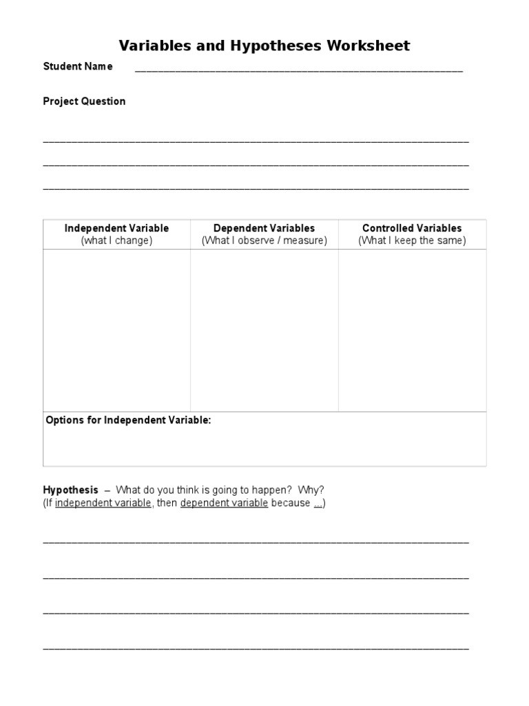 Writing A Hypothesis Worksheet Hypothesis and Variables