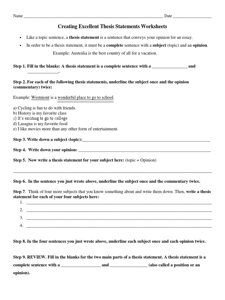 Writing A thesis Statement Worksheet Creating Excellent thesis Statements Worksheets
