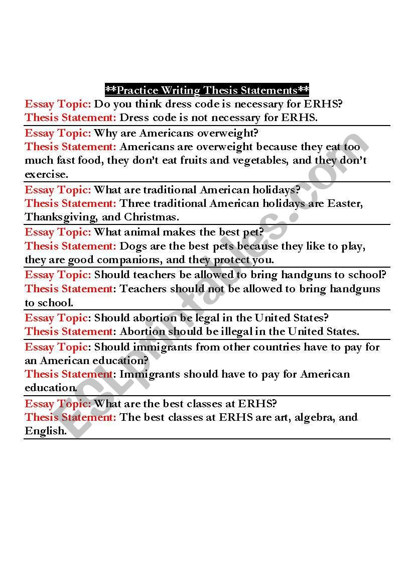 Writing A thesis Statement Worksheet Practice Writing A thesis Statement Esl Worksheet by