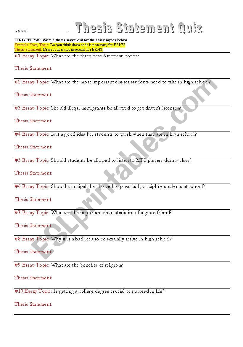 Writing A thesis Statement Worksheet Quiz Writing thesis Statements Esl Worksheet by