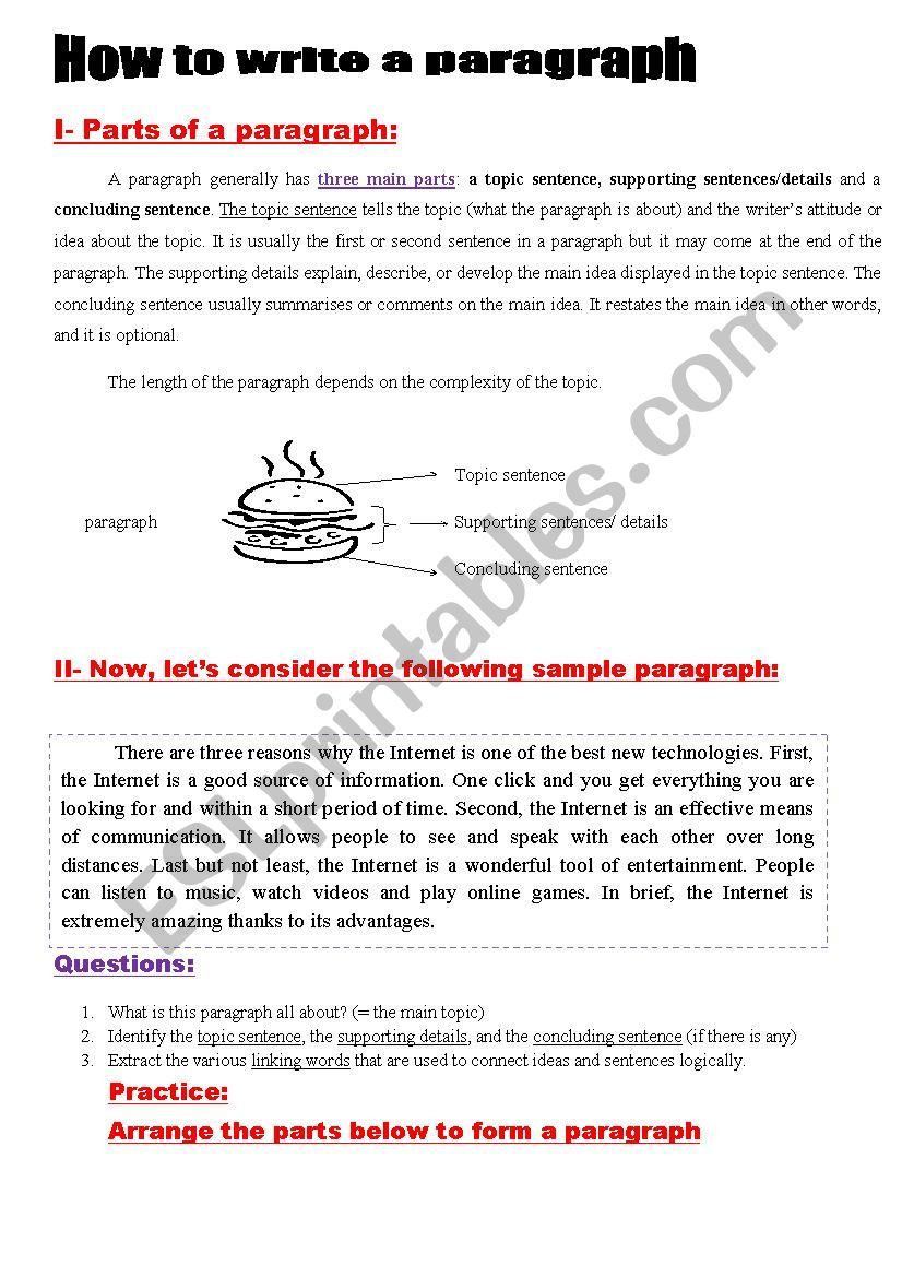 Writing A topic Sentence Worksheet Paragraph Writing Esl Worksheet by Elouarakmbark