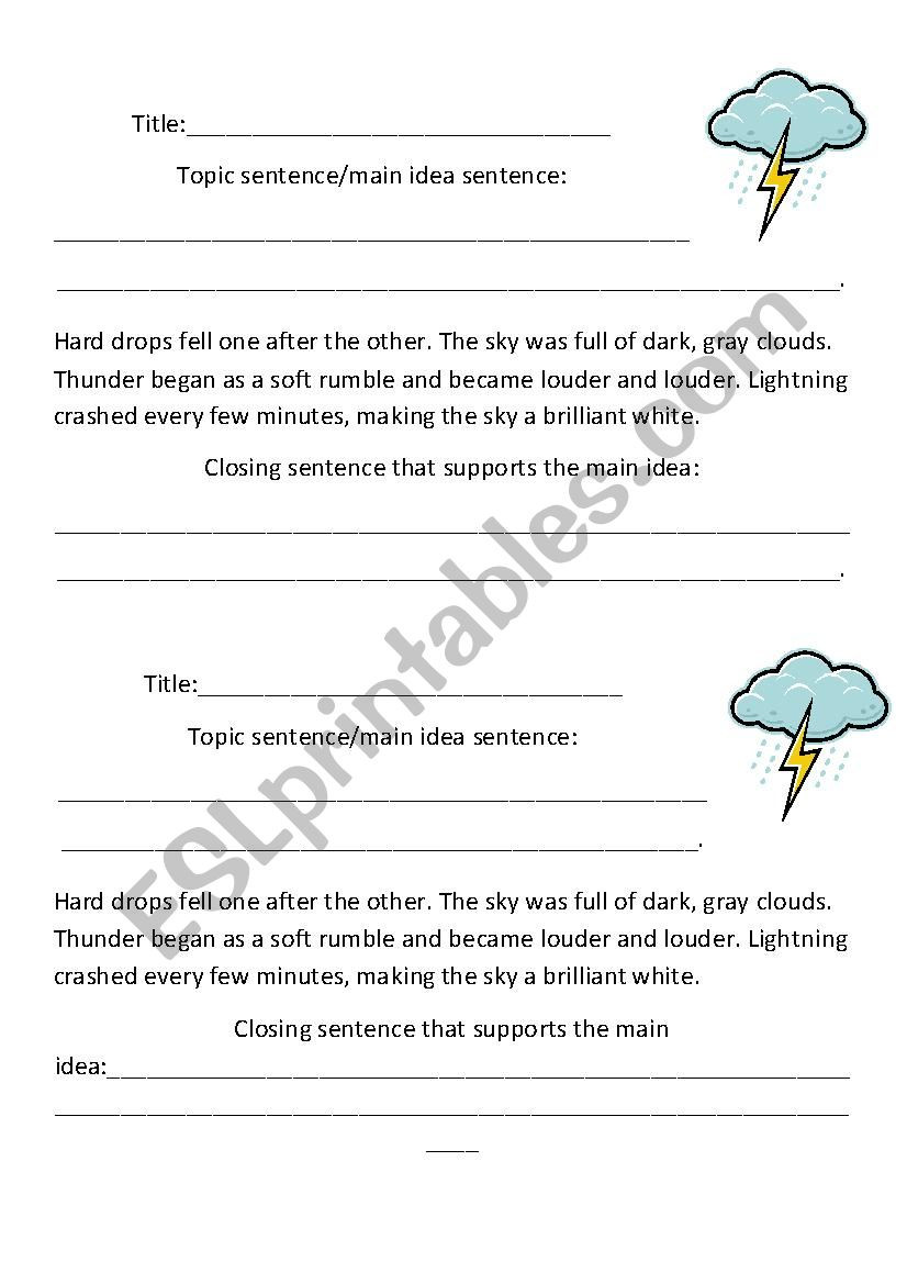 Writing A topic Sentence Worksheet Write the Missing topic Sentence Main Idea Esl Worksheet