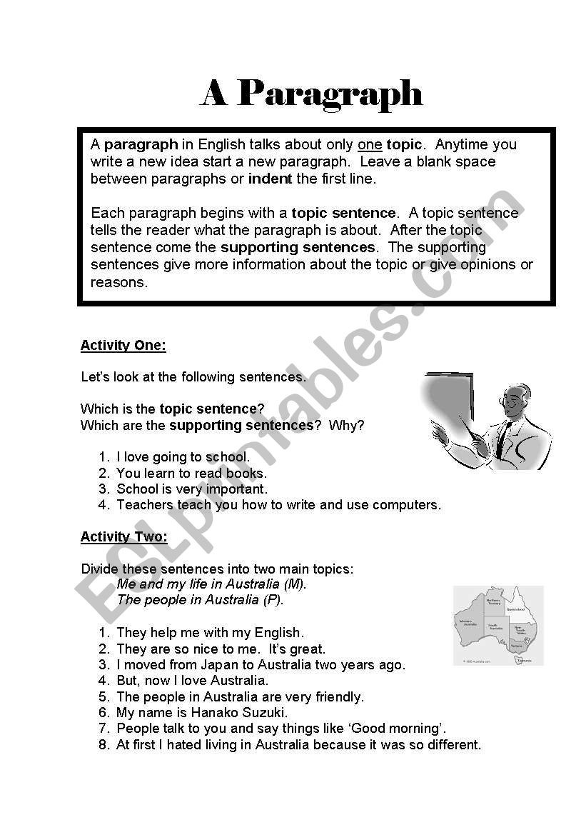 Writing A topic Sentence Worksheet Writing Paragraphs Esl Worksheet by Inge