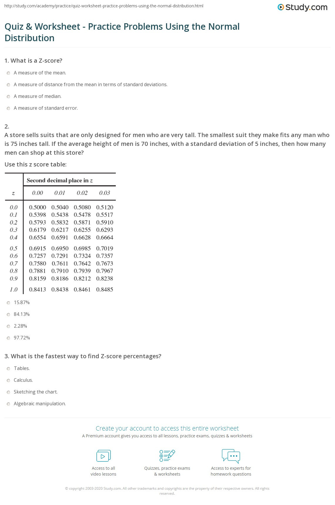 Z Score Practice Worksheet Quiz &amp; Worksheet Practice Problems Using the normal
