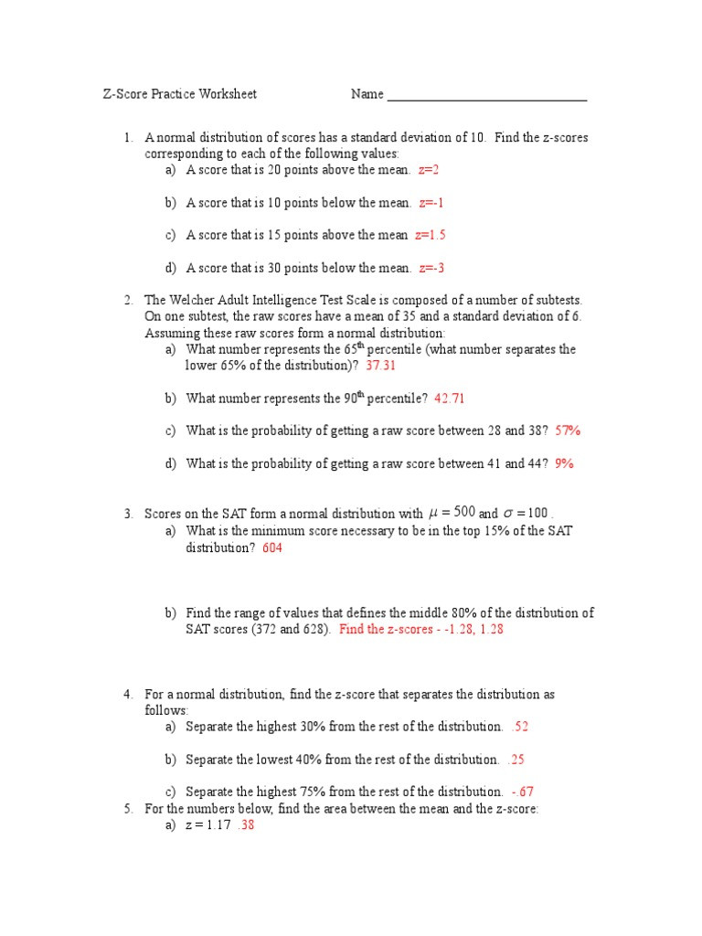 Z Score Practice Worksheet Z Score Worksheet solutions Standard Score